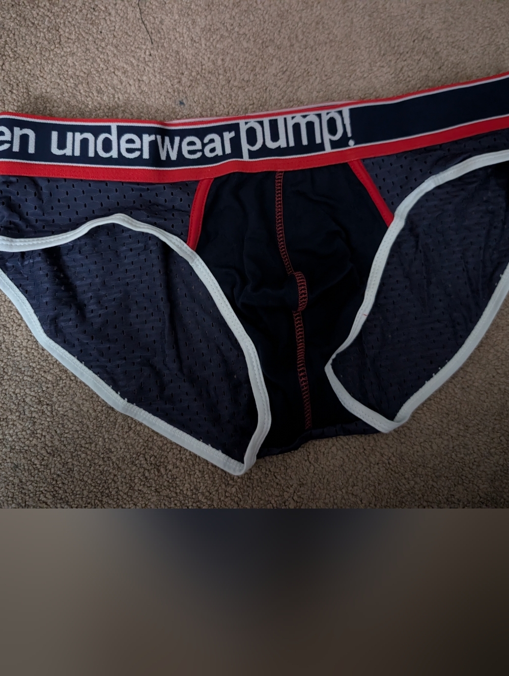 Brand New Pump Men’s Navy Mesh Briefs with Red Trim